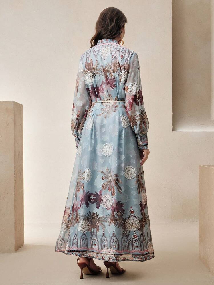 Women Spring/Summer New Arrival Stand Collar Long Sleeve Vacation Style Palm Tree Print Waisted Elegant Dress