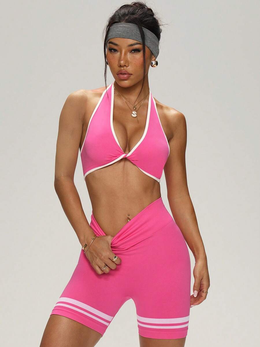 Easithlete Conjunto deportivo de top de tirantes con nudo y dobladillo retorcido, y shorts para mujer