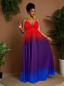 Maweii Plus Size Ombre Spaghetti Strap Dress, Casual Vacation Style - Red - View 3
