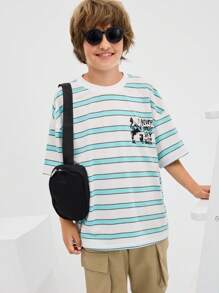 SHEIN Tween Boy Loose Casual Simple Comfortable Round Neck Short Sleeve Striped T-Shirt - Grey - View 1