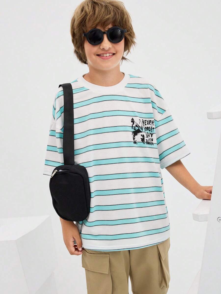 SHEIN Tween Boy Loose Casual Simple Comfortable Round Neck Short Sleeve Striped T-Shirt - Grey - View 1
