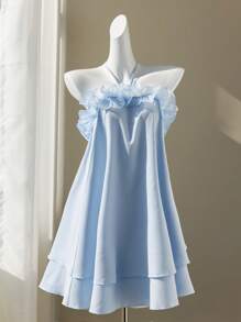 Elamini 纯色系带荷叶边层叠下摆 A 字型迷你连衣裙 - 藍色 - 查看 3