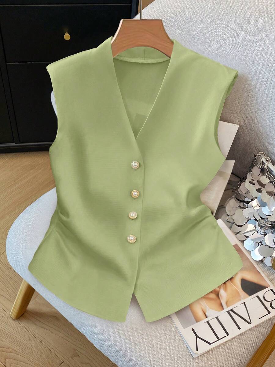 SHEIN Clasi 优雅女士无袖纽扣衬衫 - 綠色 - 查看 1