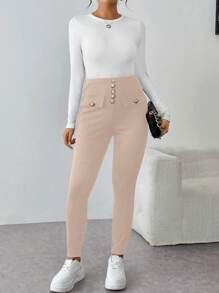 SHEIN Unity Women's Casual High-Waisted Solid Color Slim Fit Pants - Apricot - View 6