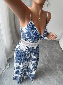 Elenzga 女装夏季新款优雅休闲假日腰部镂空花卉太阳印花V领无袖束腰阔腿连体裤 - 藍白色 - 查看 4