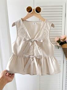 SHEIN Camisa sin mangas elegante con volantes y bordados de moño de color albaricoque sólido para niñas preadolescentes - Albaricoque - Ver 5