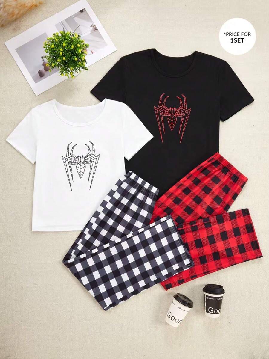 Spider Print Short Sleeve Top And Plaid Pants Men Pajama Set - Black - View 1