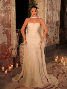 Glamrae Elegante vestido largo de gala con falda de sirena, cintura alta, decoración de volantes, malla brillante y fluida sin tirantes de color morado claro, con espalda ajustable con lazo (con lentejuelas desmontables para versatilidad), vestido de noche formal - Albaricoque - Ver 4