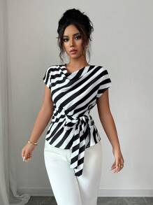 Selianne 女士法式优雅通勤高领结设计休闲黑白条纹衬衫，适合约会、日常穿着、返校 - 黑與白 - 查看 3