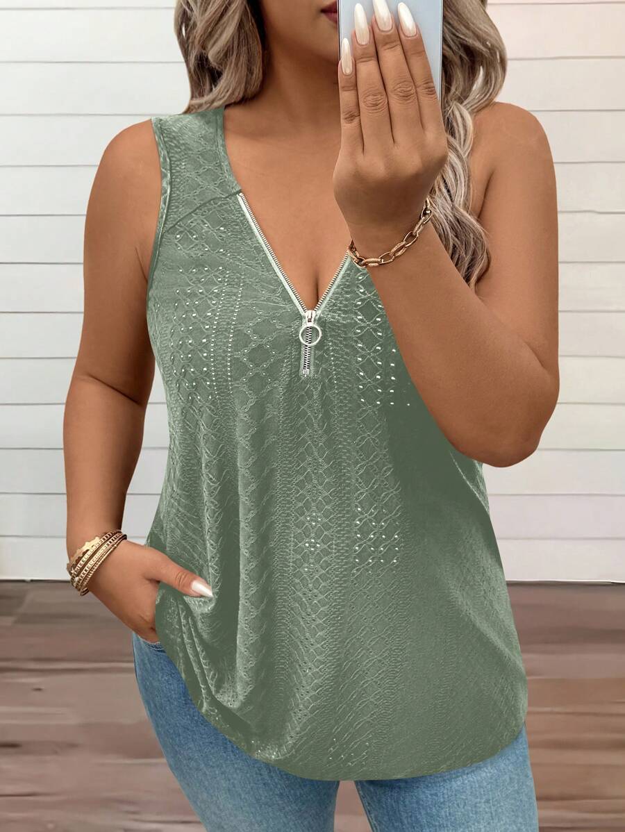 EMERY ROSE 大码女式 V 领无袖拉链休闲背心，夏季 - 綠色 - 查看 1