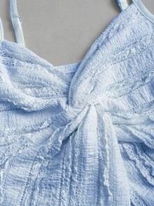 Sweetra Conjunto de 2 piezas para mujer con top de camisola con volantes y nudo trenzado, y falda línea A con volantes en el bajo, para primavera/verano