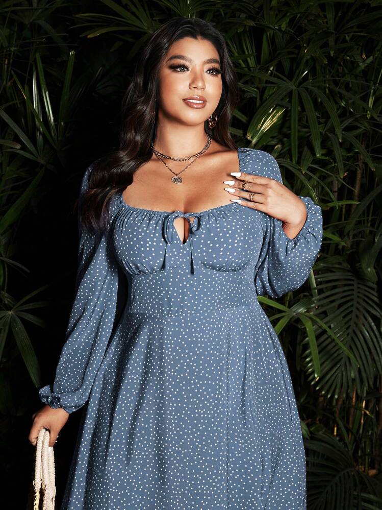 Flirla Robe à manches longues et col carré imprimée de pois, tailles grandes