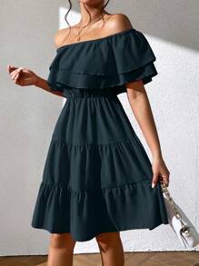 Chiquease 女式度假纯色露肩荷叶边下摆时尚连衣裙