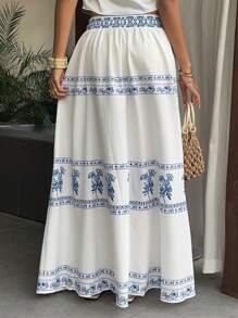 Sunnyshic Falda acampanada de cintura baja con cordón y cuentas estampada - Azul - Ver 2