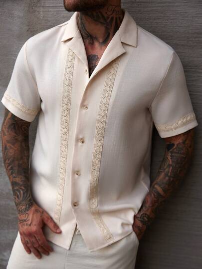 Manfinity Homme 男士夏季度假拼布丝带休闲短袖衬衫