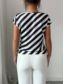 Selianne 女士法式优雅通勤高领结设计休闲黑白条纹衬衫，适合约会、日常穿着、返校 - 黑與白 - 查看 2