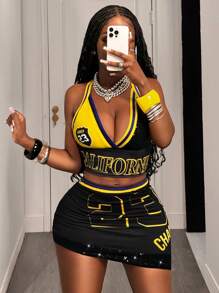 Slaydiva New Summer Casual Street Music Festival Sexy Hottie Sports Style Cheerleading Uniform Halter Strap Deep V Neck Slogan Logo Printed Short Vest + Oblique Hem 23 Number Printed Mini Skirt Black Knitted Splicing Bead Sequins Women's Two Pieces Set-B - Black - View 1