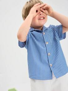 SHEIN Boys' Loose Casual Plaid Simple Comfortable Turndown Collar Pocket Decorative Shirt - Baby Blue - View 1
