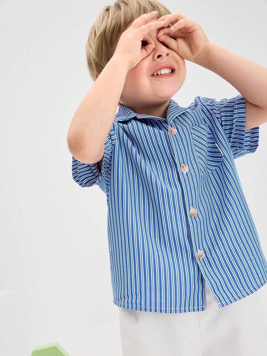 SHEIN Boys' Loose Casual Plaid Simple Comfortable Turndown Collar Pocket Decorative Shirt - Baby Blue - View 1