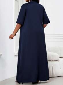 SHEIN Lady 春夏优雅通勤办公室海军蓝梭织长款短袖加大码套装女士夏季服装女士办公室服装度假两件套女士夏季服装女士办公室服装，2 件夏季服装