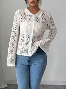 SHEIN Clasi Chiang Mai Sunshine Korean-Style Casual Vacation Chic Hollow Out Collar Cardigan Fall Cloth For Women