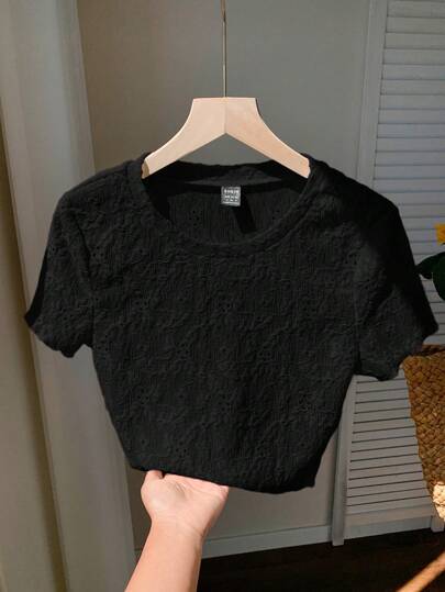 Comfortcana 基本款黑色针织提花圆领短袖T恤，夏季