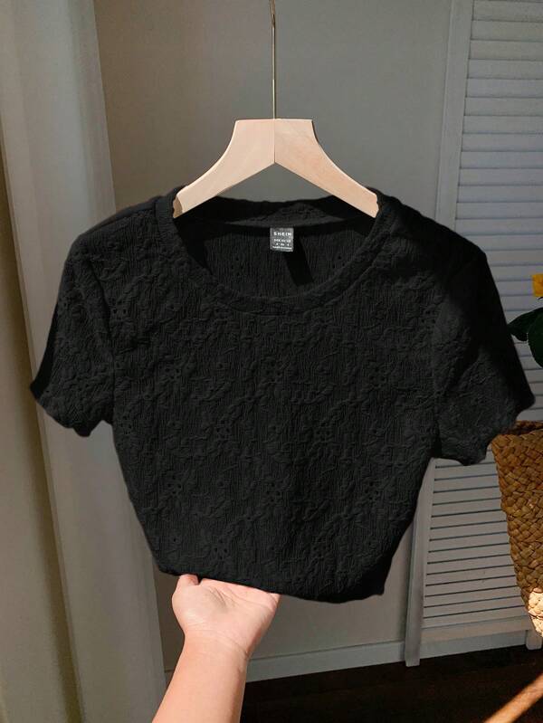 Comfortcana Basic Black Knitted Jacquard Round Neck Short Sleeve T-Shirt, Summer