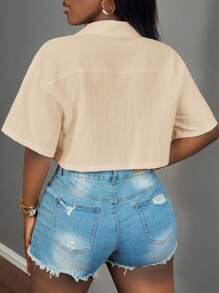 Slaydiva 2025 新款女士休闲街头口袋短袖衬衫领宽松短款白色落肩衬衫女衬衫，春夏，休闲日常穿着，音乐节 - 杏色 - 查看 2