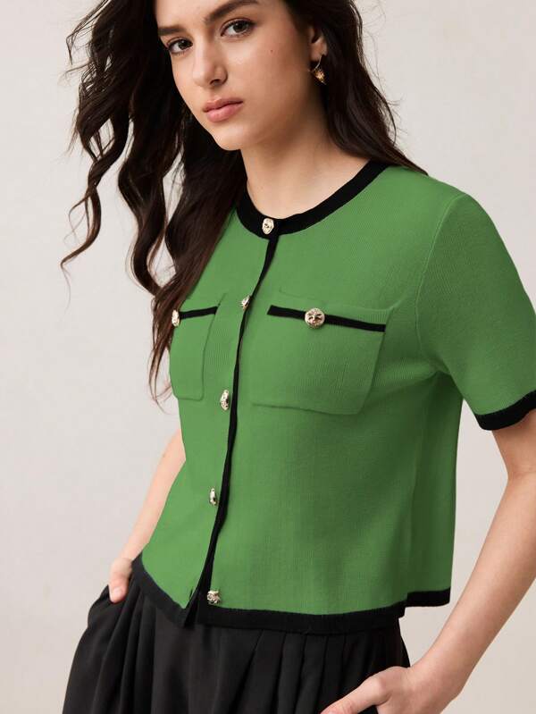 BizChic 2025 Avocado Green Color Block Front Open Crew Neck Metal Button Decor Boxy Women's Knit Short Sleeve Top, Romantic Elegant Everyday Fashion Versatile Business Casual Office Wear