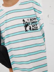 SHEIN Tween Boy Loose Casual Simple Comfortable Round Neck Short Sleeve Striped T-Shirt - Grey - View 4
