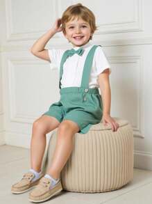 Souflis Souflis 2pcs/Set Toddler Boys Casual Gentleman Solid Color Bowknot Decor Stand Collar Short Sleeve Top & Solid Shorts Set