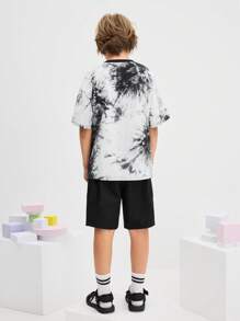 SHEIN 2pcs Set Tween Boys' Loose Casual Comfortable Tie Dye Pattern Round Neck Short Sleeve T-Shirt And Shorts - Black - View 2
