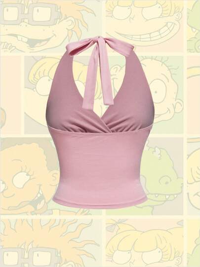 Nick 90's X ROMWE Women's Casual Summer Pink Cartoon Pattern Ruched Halter Top