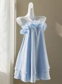 Elamini 纯色系带荷叶边层叠下摆 A 字型迷你连衣裙 - 藍色 - 查看 1