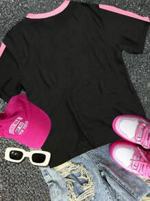 SHEIN Leap Crew 可爱字母和数字 23 粉色条纹针织图案少女休闲简约圆领短袖 T 恤，适合夏季 - 彩色 - 查看 2