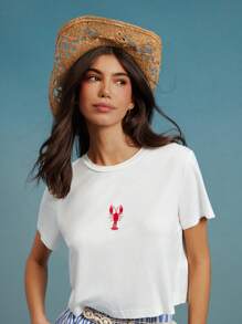 WESTFADE Lobster Embroidered Knit Crew Neck Boxy Cropped Short Sleeve Shrunken Baby Tee, Cute Western Wear, Fall, Back To School, Autumn, Winter, Boho, Casual - White - View 4