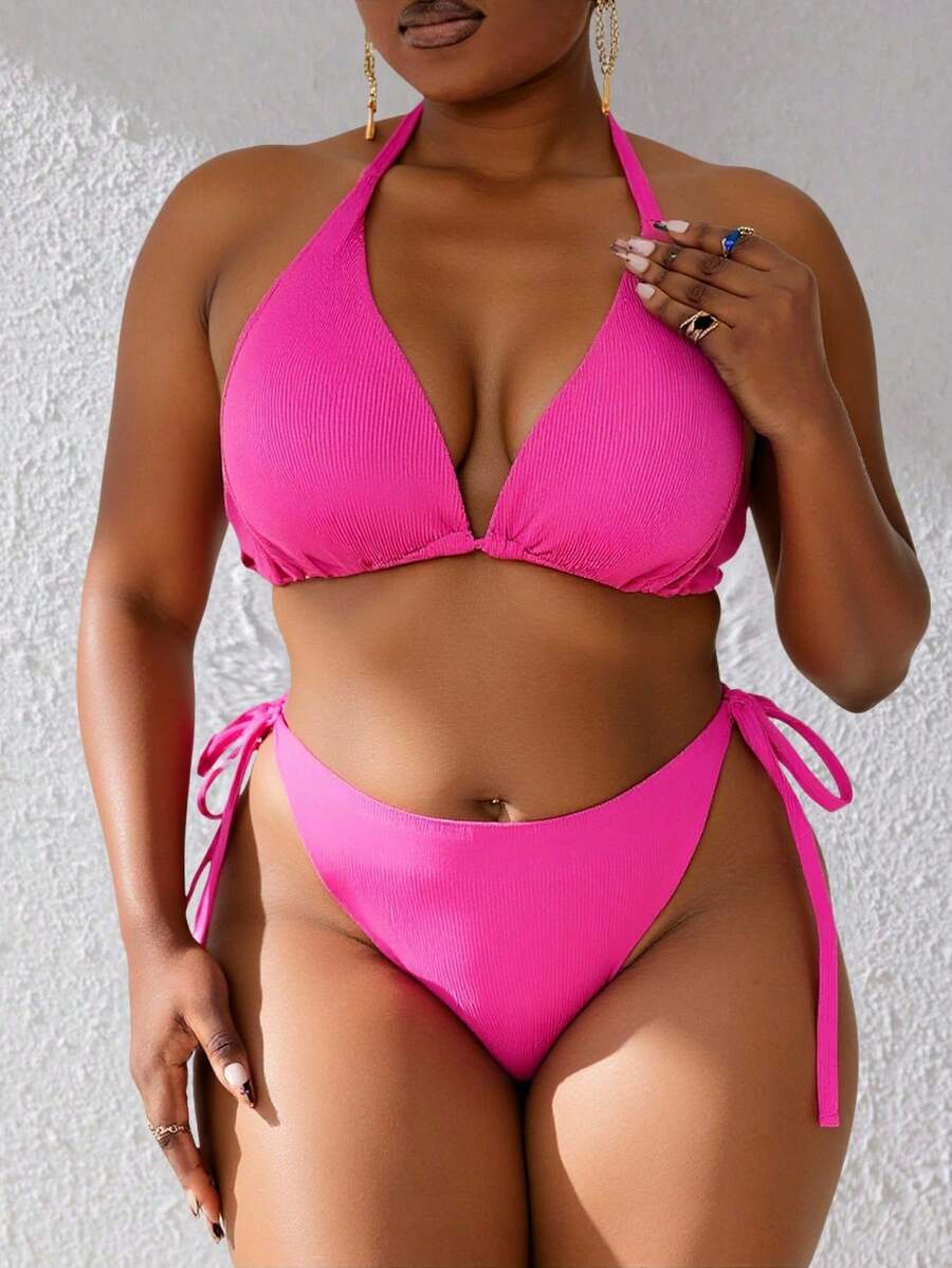 Slaydiva Plus Size Summer Beach Solid Color Halter Neck Backless Bikini Set With Separated Bikini Set, For Vacation - Hot Pink - View 1