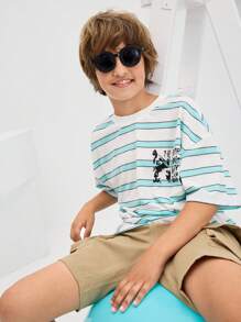 SHEIN Tween Boy Loose Casual Simple Comfortable Round Neck Short Sleeve Striped T-Shirt - Grey - View 5