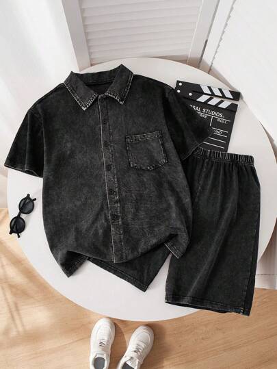 SHEIN Teenager & Young Men Vintage Washed Fabric Button Down Shirt And Shorts Set, Loose Casual Outfit For Daily Wear And Outdoor Activities, School, Campus, College