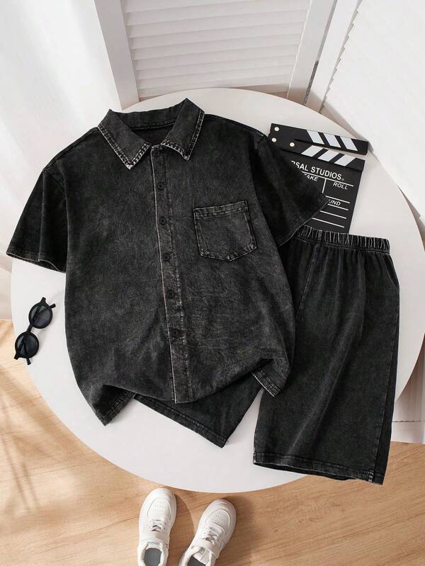 Teenager & Young Men Vintage Washed Fabric Button Down Shirt And Shorts Set, Loose Casual Outfit For Daily Wear And Outdoor Activities