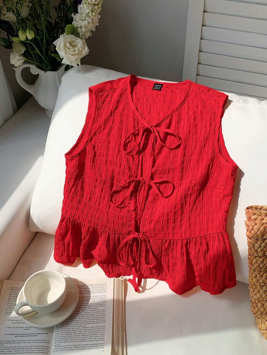Comfortcana 女式无袖红色编织系带前褶边下摆衬衫，夏季 - 紅色 - 查看 1