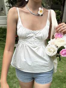 SHEIN EZwear 2件套白色和蓝色条纹荷叶边纽扣设计吊带背心，女士休闲夏季款 - 藍白色 - 查看 4