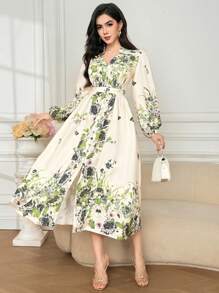 DAZY 春秋季女士优雅碎花V领泡泡袖连衣裙长袖连衣裙及地长裙 - 米色 - 查看 5