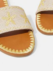 Styleloop Apricot Linen Embroidered Floral Round Toe Comfortable Flat Sandals, Bohemian Style, Suitable For Music Festivals, Parties And Casual Wear Vacation Outfits Travel Essentials - Apricot - View 4