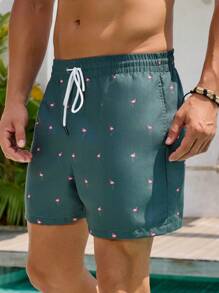 Manfinity Swimmode Men's Flamingo Print Drawstring Waist Beach Shorts Holiday / Vacation / Beach / Hawaii / Tropical / Swim /  Bathing - Green - View 5