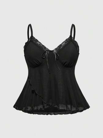 Hippie Plus Size Vintage Boho Tie-Dye Black Lace Patchwork Ribbon Tie Irregular Hem Cami And Tank Top