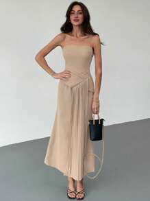 Aloruh Damen elegantes einfarbiges plissiertes Bandeau-Kleid, Sommer - Khaki - Übersicht 2
