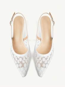 CUCCOO CHICEST 女士尖头白色蕾丝花网优雅仙女风格婚礼派对踝带细高跟鞋