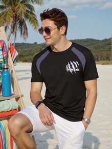 Manfinity Swimmode Men's Contrast Color Patchwork Short Sleeve Rashguard Swimsuit, Sunscreen & Surfing Beach Wear For Men BeachModeOn