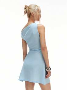 LYSMO Váy mini nhún eo một bên vai mới 2025 dành cho nữ mùa hè - Màu xanh nhạt - Xem 2